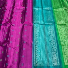 Gorgeous Purple with Turquoise Blue and Parrot Green Handwoven Pure Kanjivaram Silk with Pattu Buttas Woven body with double colored pallu and contrast zari striped parrot green blouse