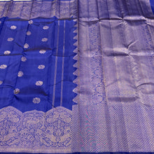 Vaibhogam- Stunning Royal Blue with Gold Handwoven Pure 2g Jari Kanjivaram Silk with beautiful peacocks and iruthalaipakshi motits woven body with beautiful turning borders with gorgeous weaving rich pallu and buttas woven blouse