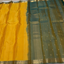 Sahana- Gorgeous Golden Yellow with Dual tone Green Buttas Handwoven Pure Kanjivaram Silk with small beautiful borders rich pallu and contrast woven blouse