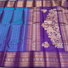 Premium Zariless Weave- Peacock Blue with Deep Purple Muthukattam Checks Handwoven Pure Kanjivaram Silk Saree with Doublepet Borders rich pallu sorgavasal themed with contrast blouse beauty