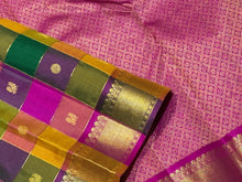 Vaibhogam- Stunning Palum Pazhamum Multichecks with Jari kattam and mayil chakram buttas Handwoven Pure 2g Jari Kanjivaram Silk with rich borders pallu and contrast pink blouse beauty
