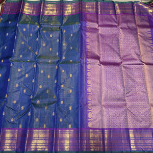 Peacock Blue with Purple Vairaoosi with Buttas Handwoven Pure Jari Kanjivaram Silk Saree Beauty