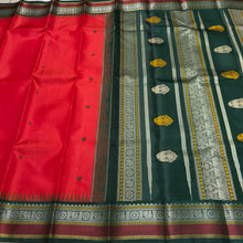 Saraswati- Gorgeous Red with Bottle Green Premium Zariless Korvai Pure Kanjivaram Silk with Buttas woven body rich borders beautiful gandaberundas woven pallu and contrast woven blouse!