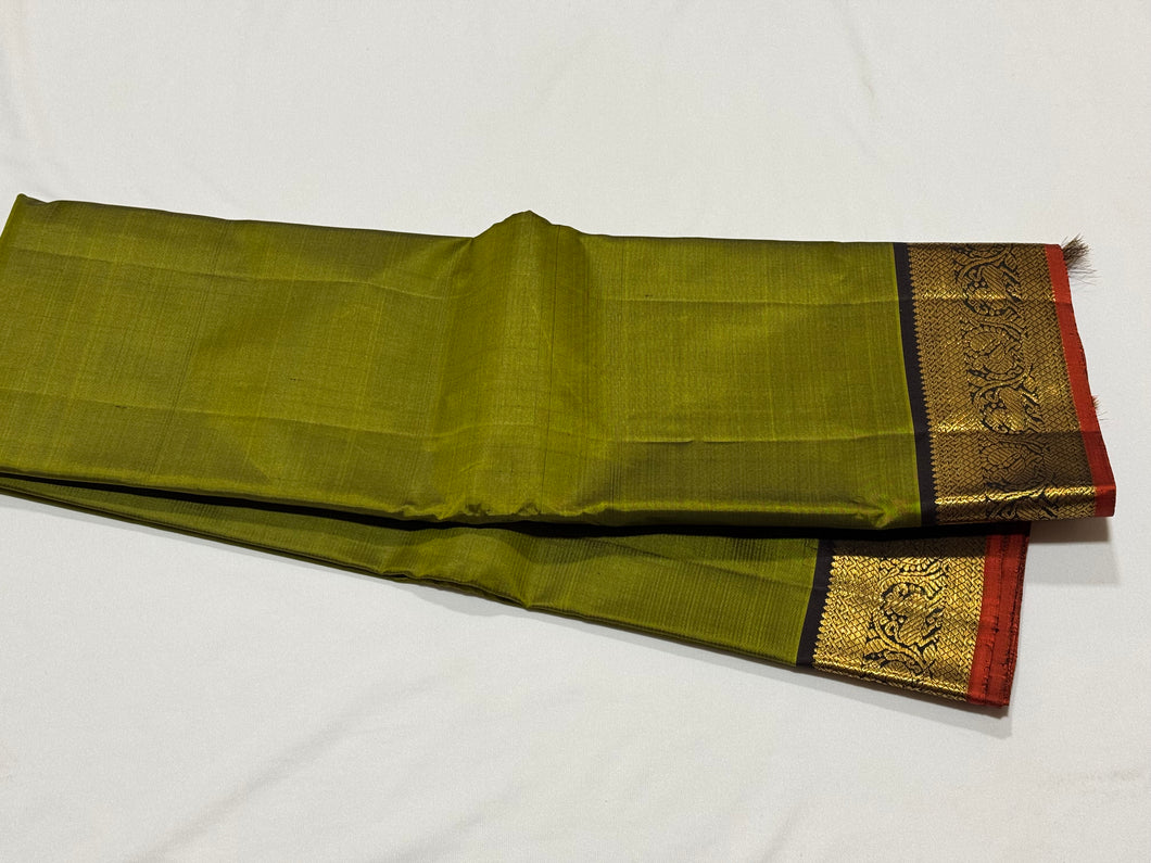 Beautiful Moss Green with Dark Kanchana Brown Handwoven Pure Jari Kanjivaram Silk Saree with beautifully woven borders rich pallu and contrast woven blouse beauty