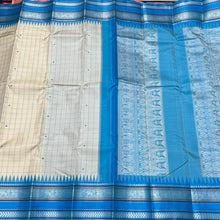 Offwhite with Copper Sulphate Blue Muthukattam with Buttas Handwoven Pure Zariless Korvai temple borders Kanjivaram Silk Saree Beauty
