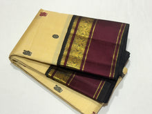 Sandal White with Deep Maroon and Black Kai Korvai Handwoven Pure Jari Kanjivaram Silk Sarees with Silk Buttas woven body with rich spaced rettapet borders gorgeous rich Gandaberundas woven pallu and contrast woven blouse