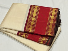 Offwhite with Deep Maroon and Rust Vairaoosi Korvai with Doublepet Borders Handwoven Pure Jari Kanjivaram Silk Saree Beauty