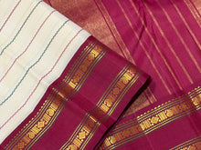 Vaibhogam- Fantastic Light Beige with Arakku and Green Handwoven Pure Jari Korvai Kanjivaram Silk with gorgeous neli veldhari woven body with rich rettapet borders gorgeous seepu rekku pallu and contrast woven arakku blouse