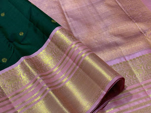 Bottle Green with Peachish Pink Korvai with Buttas Handwoven Pure Jari Kanjivaram Silk Saree Broad Borders Beauty