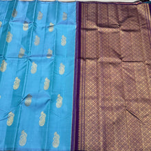 Light  Blue with Purple Borderless Handwoven Pure Kanjivaram Silk Saree with muthukattam and buttas beauty