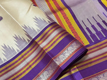 Offwhite with Purple Buttas Handwoven Pure Zariless Korvai Kanjivaram Silk Saree with temple borders beauty