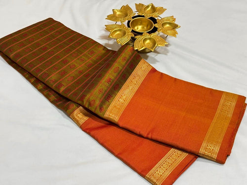 Vintage Combination Oil Mustard with Orange Mubbakam 1000 Buttas Handwoven Pure Jari Kanjivaram Silk Saree Beauty