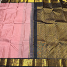 Beautiful Handwoven Pure Jari Korvai Kanjivaram Silk Saree in Geva with Black combination with beautiful yazhi and peacock motifs woven borders rich pallu and contrast woven blouse
