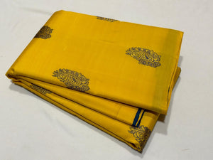 Bright Yellow with Peacock Blue Partly Pallu Handwoven Pure Jari Kanjivaram Silk Saree Meenakari buttas Beauty