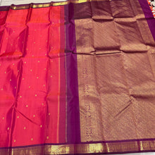 Sahana- Gorgeous Dual tone Tomato Orange with Deep Magenta Small borders with buttas Handwoven Pure Jari Kanjivaram Silk with rich pallu and contrast woven blouse