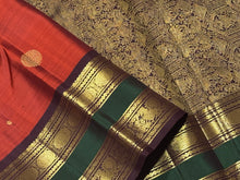 Sahana-Gorgeous Burnt Orange with Brown Buttas Handwoven Pure Jari Kanjivaram Silk with Rettapet Borders Rich Pallu and Contrast woven beautiful blouse