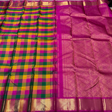 Multicolored Palum Pazhamum Checks with Rani Pink Pallu Blouse in a beautiful Handwoven Pure Jari Kanjivaram Silk Saree