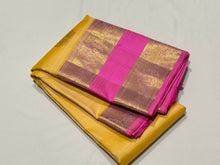 Soft Yellow with Candy Rose Pink Buttas with Long & Short Borders Handwoven Pure Jari Kanjivaram Silk Saree beauty
