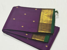 Deep Purple with Coffee Brown Buttas Handwoven Pure Jari Kanjivaram Silk Saree with beautiful buttas with green selvedges rich pallu and contrast woven blouse