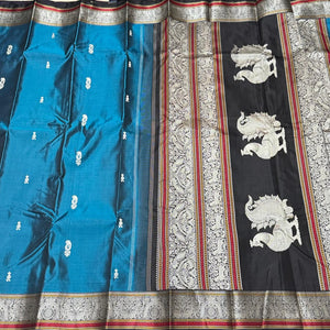 Teal blue with black Premium Handwoven Pure Zariless Kanchipuram Silk with Annapakshi Pallu beauty