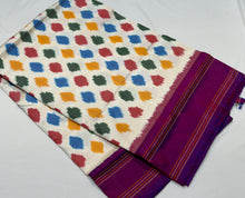 Arabhi- Gorgeous Offwhite with Dark Magenta Handwoven Pure Ikat Silk without Zari woven body with multicolored polka dots with rich pallu and contrast woven blouse