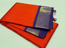 Orange with Violetish Blue Handwoven Pure Jari Korvai Kanjivaram Silk Saree Beauty