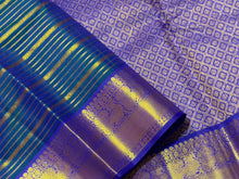 Vaibhogam- Peacock Greenish Blue with Deep Violetish Blue Handwoven Pure 2g Jari Veldhari Striped Kanjivaram Silk with beautiful borders rich pallu and contrast Jari Striped beautiful blouse