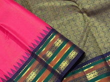 Vaibhogam -Strikingly beautiful Candy Pink with Dark Beetlenut Purple Vairaoosi Korvai with Varisaipet Borders Handwoven Pure Jari Kanjivaram Silk Saree with rich meenakari varisaipet borders beautiful pallu and contrast woven blouse