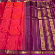 Dual Shade Tomato Red Short Orange with Dark Wine Mallimoggu Buttas Handwoven Pure Jari Kanjivaram Silk Saree Beauty with small borders