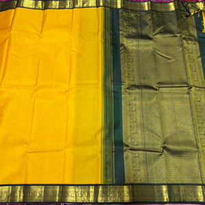 Yellow with Bottle Green Korvai Handwoven Pure Jari Kanjivaram Silk Saree Beauty