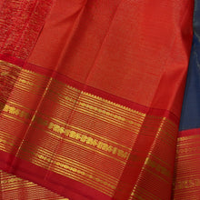 Vaibhogam-Gorgeous Sapphire Blue with Orange Red Vairaoosi Handwoven Pure Jari Korvai Kanjivaram Silk with rich closely woven vairaoosi body gorgeous borders beautiful and finely woven rich pallu and contrast woven blouse