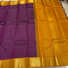 Vaibhogam- Gorgeous Deep Magenta with Mustard Handwoven Pure2g Jari Korvai Kanjivaram Silk with beautiful striped body with rich korvai borders beautiful rich seer pallu and contrast woven blouse