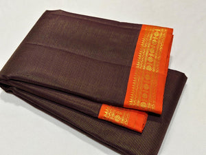 Coffee Brown with Burnt Orange Vairaoosi Korvai Handwoven Pure Jari Kanjivaram Silk Saree Small borders beauty