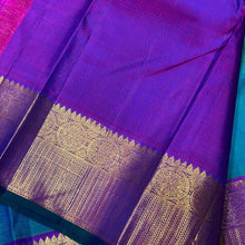 Sahana- Gorgeous Peacock Bluish Green with Purple Handwoven Pure 2g Jari Kanjivaram Silk with beautiful tear drops buttas woven body with rich mayilkan and tambalam buttas woven borders rich pallu and contrast woven blouse