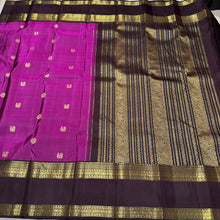 Gorgeous Deep Magenta with Coffee Brown Handwoven Pure Jari Kanjivaram Silk with rich buttas woven body beautifully woven borders pallu with meenakari weave and contrast woven blouse