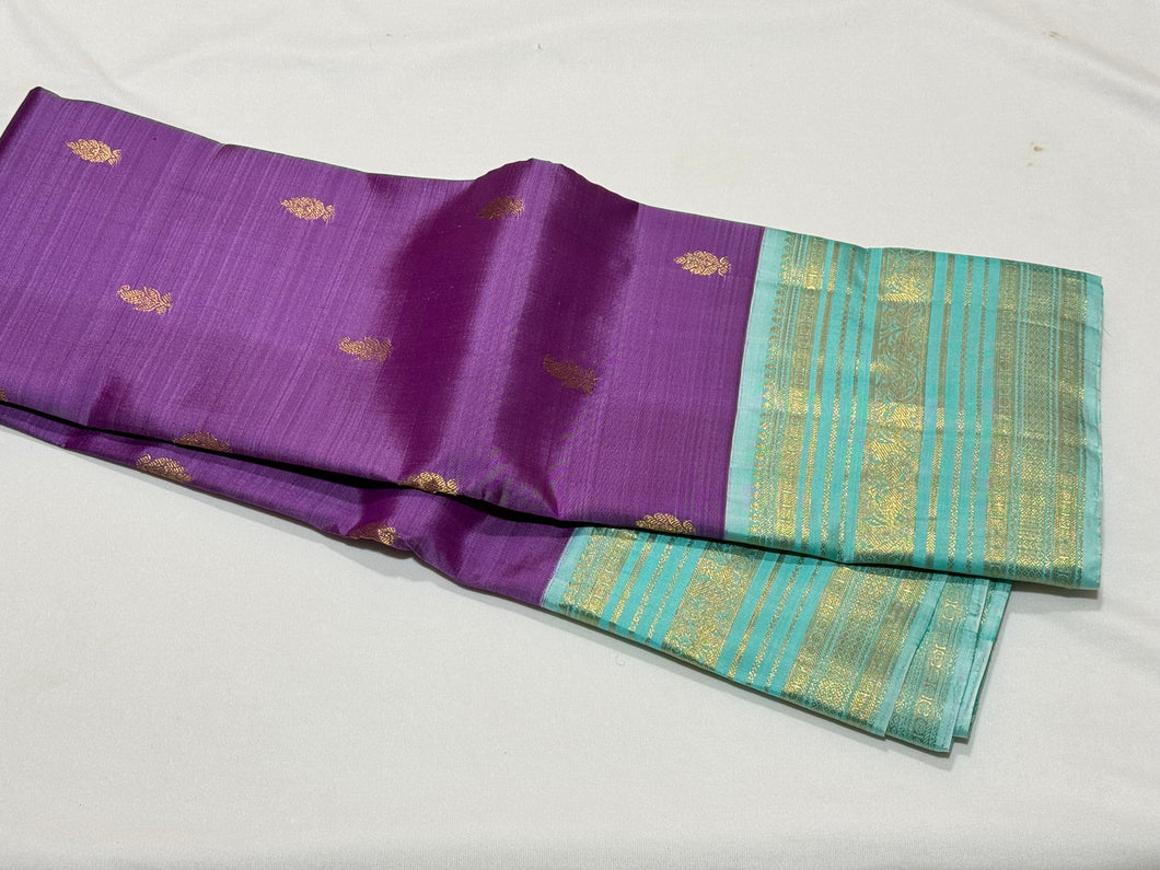 Lilac with Turquoise Blue Handwoven Pure Jari Korvai with Buttas and Varisai borders rich pallu and contrast woven blouse beauty