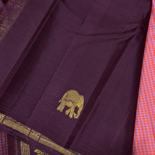 Saranga- Fantastic Borderless Handwoven Pure Jari Kanjivaram Silk in a beautiful pink and blue muted checked body with elephants motifs woven all over the body with rich deep brown pallu and contrast woven blouse