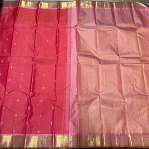 Dual tone Lotus Pink Short Orange body with Lotus Pink Pallu Blouse Handwoven Pure Jari Kanjivaram Silk Saree Buttas Beauty