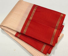 Sarasangi- Stunning Offwhite with Burnt Orange Checked Handwoven Pure Jari Korvai Kanjivaram Silk with beautiful doublepet borders rich pallu and contrast woven blouse