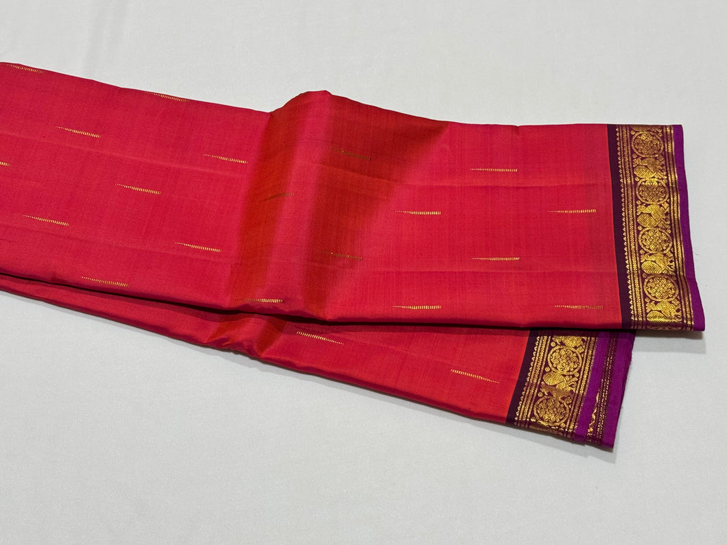 Dual Shade Tomato Red Short Orange with Dark Wine Mallimoggu Buttas Handwoven Pure Jari Kanjivaram Silk Saree Beauty with small borders