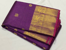 Vintage Recreation- Deep Magenta with Gold Handwoven Pure Jari Oosi Checks with mayil chakram buttas woven body with rich borders gorgeous pallu and self colored blouse