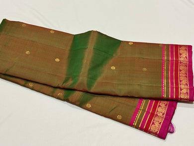 Manthulir Green with Magenta Pink Buttas Handwoven Pure Kanjivaram Silk Saree with beautiful borders rich pallu and contrast woven blouse beauty