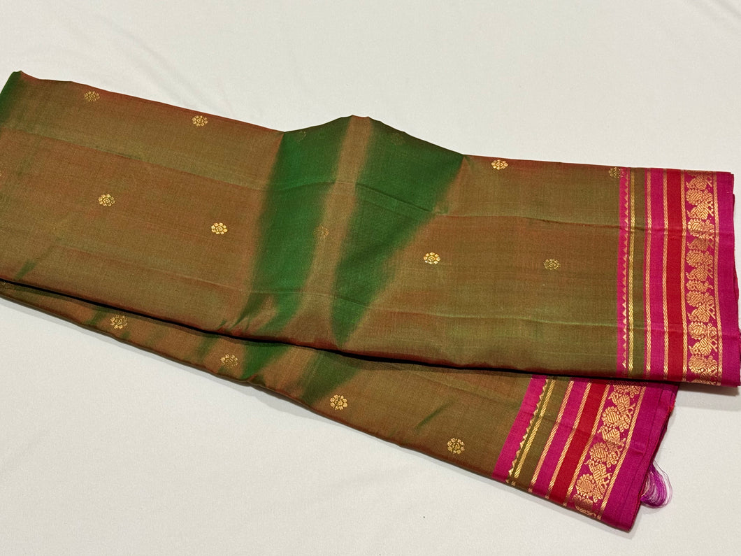 Manthulir Green with Magenta Pink Buttas Handwoven Pure Kanjivaram Silk Saree with beautiful borders rich pallu and contrast woven blouse beauty