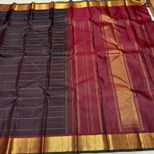 Sahana- Gorgeous Coffee Brown with Maroonish Brown Handwoven Pure 2g Jari Kanjivaram Silk with Neli Veldhari woven beautiful body with rich borders with green selvedges beautiful seer pallu and contrast woven blouse