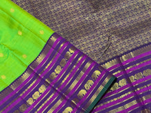 Gorgeous Sneha Green with Deep Purple Handwoven Pure Jari Korvai Kanjivaram Silk Saree with rich kamalam buttas woven body with elephants and annapakshis woven varisaipet broad borders gorgeous pallu and contrast woven blouse
