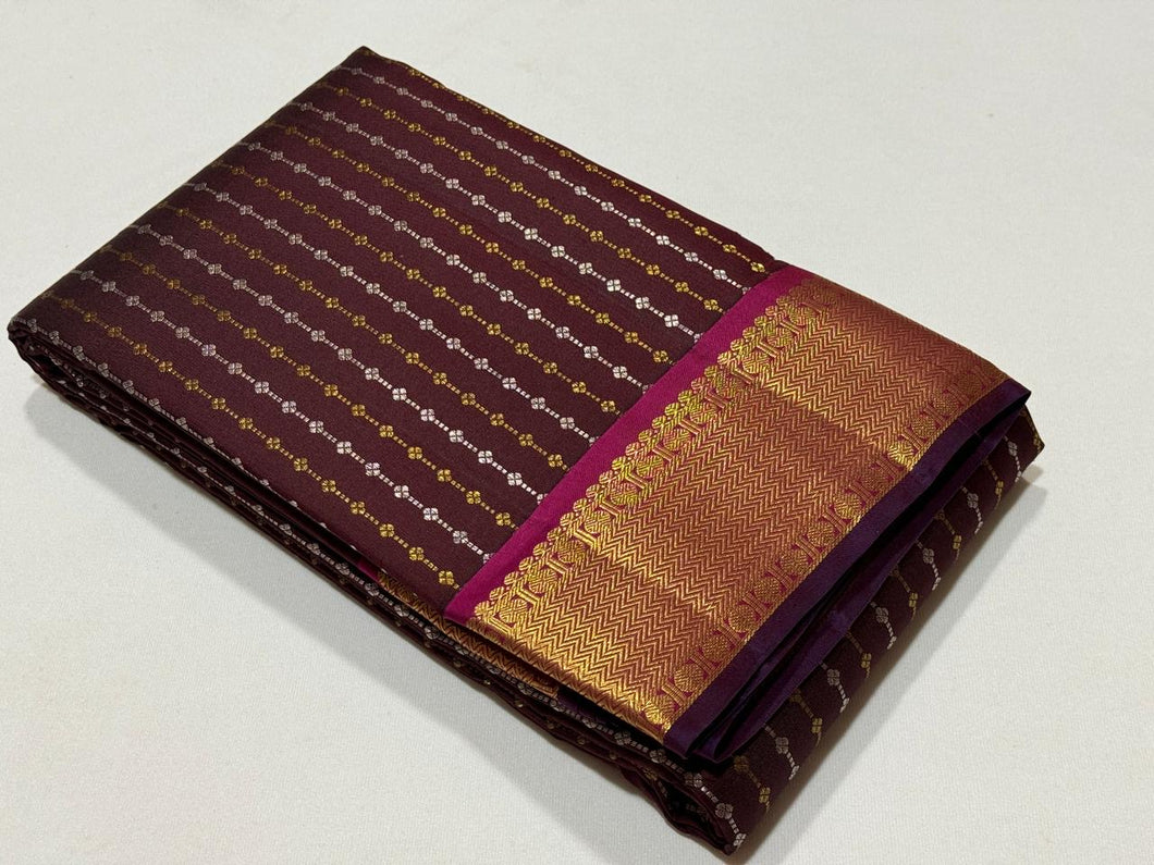 Brown with Wine Thodar Buttas Handwoven Pure Jari Kanjivaram Silk Saree Beauty