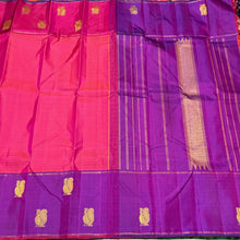 Pink with Ganga Jamuna Borders Muthukattam body Purple pallu and Border Buttas Handwoven Pure Jari Kanjivaram Silk Saree Beauty