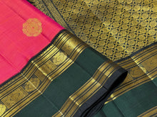 Tomato Pink with Bottle Green Black Buttas Korvai Handwoven Pure Jari Kanjivaram Silk Saree Beauty