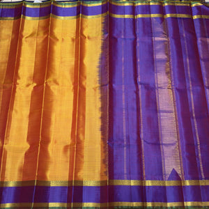 Mustard with Purple Striped Handwoven Pure Light Weight Kanjivaram Silk Saree Beauty