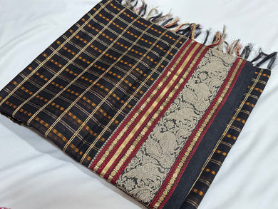 Black with Gold and Red Lakshadeepam Handwoven Premium Kanjivaram Silkcotton Saree with elephant and annapakshi borders rich pallu beauty